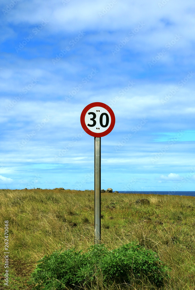 Vertical Image of Speed Limit Signpost on the Roadside of Easter Island, Chile, South America