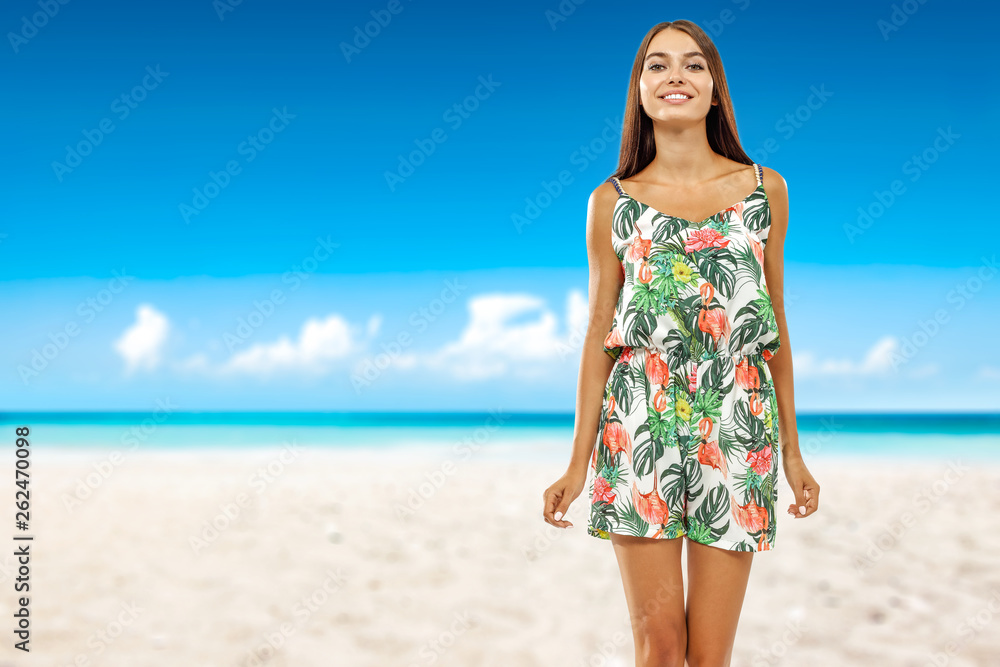Summer time on beach and slim young woman Summer time on beach and slim young woman