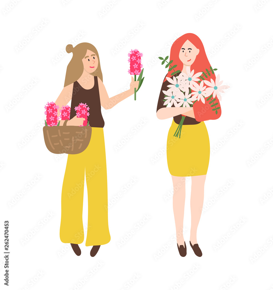 Girls with bouquets of flowers vector, isolated people looking at pink hyacinth and white daisy. Floral composition gathered in woven brown basket Girls with bouquets of flowers vector, isolated people looking at pink hyacinth and white daisy. Floral composition gathered in woven brown basket