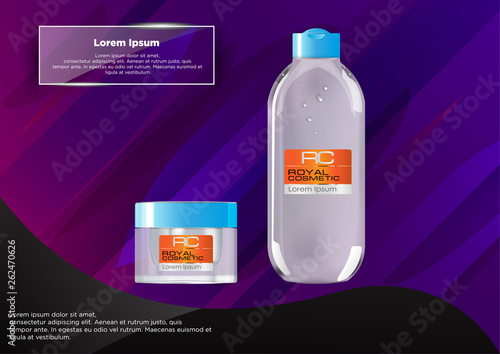 Cosmetic plastic bottle with blue lid (transparent).  Liquid container for gel, micellar water, lotion, cream, shampoo, bath foam.  Beauty product package. Isolated on abstract background