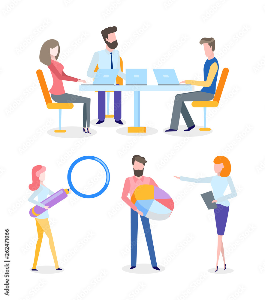 People discussing new business strategies, colleagues with magnifying glass and pie diagram, woman with clipboard planning process of rich company