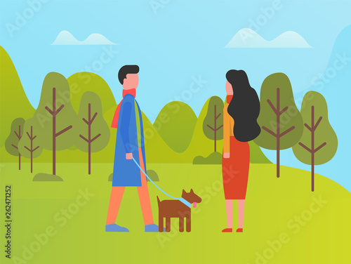 Man and woman spending time outdoors vector. Couple walking with dog, park with green lawns and grass, trees and foliage. Nature in summer and spring