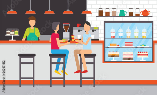 Visitors and barista or bartender, cafe or bar interior vector. Desserts and drinks, cakes and lemonade, men at counter on stools, showcase with food