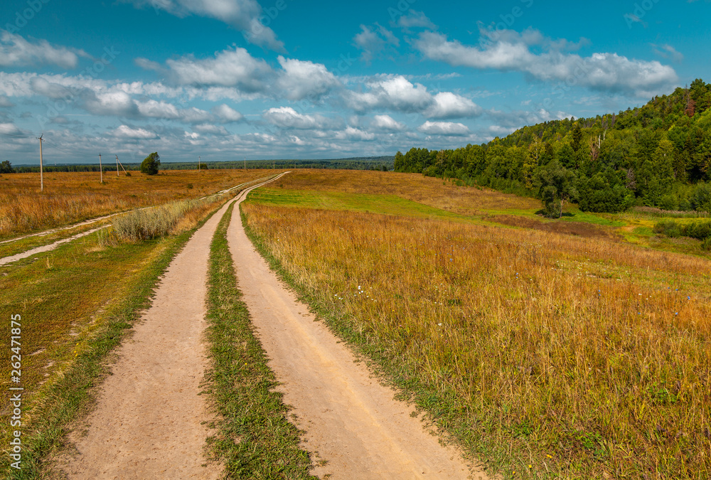 The dirt road in the field on the flat area in sunny day with clouds in the sky