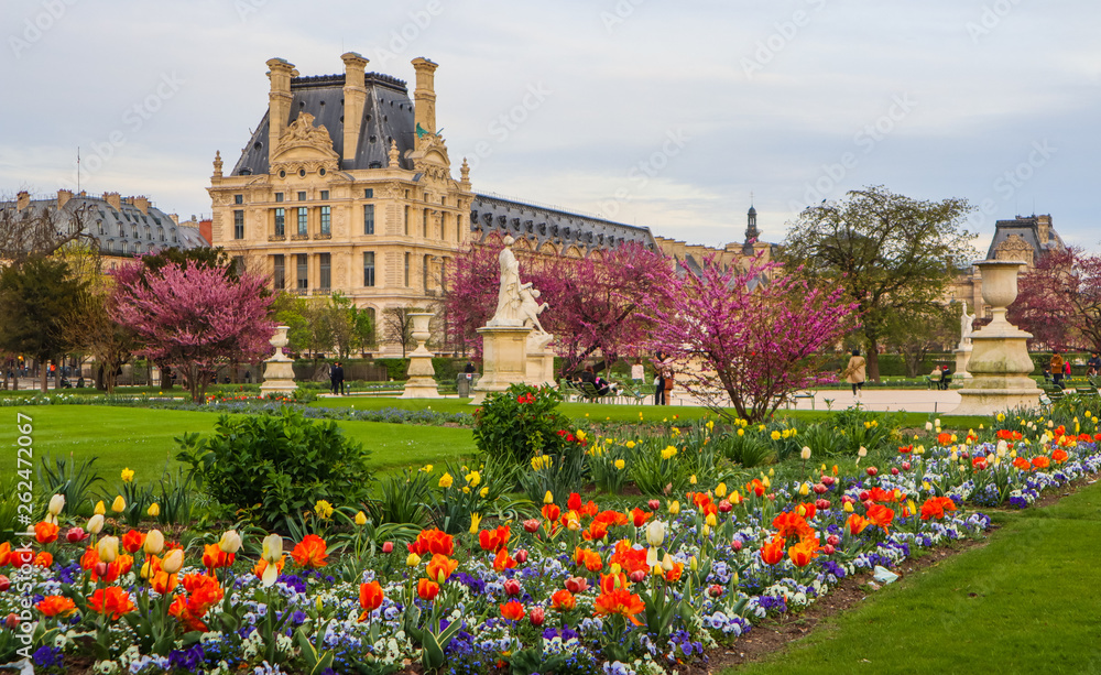 Marvelous spring Tuileries garden and view at the Louvre Paris France. April 2019. 