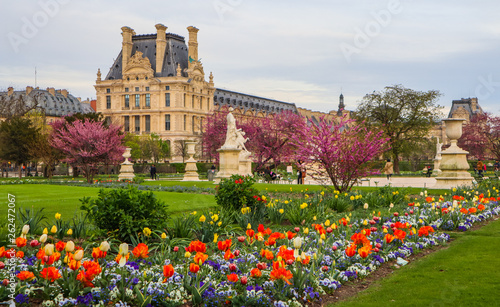 Marvelous spring Tuileries garden and view at the Louvre Paris France. April 2019.  photo