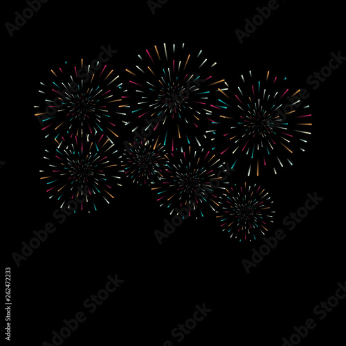 Colorful firework on black background. Festive decoration. Vector card.