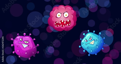 A funny video of animated cartoon germs with an abstract background.
