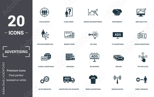 Advertising set icons collection. Includes simple elements such as Focus Group, Client Brief, Marketing Monitoring, Partnership, Web Analytics, Branding and Billboards premium icons