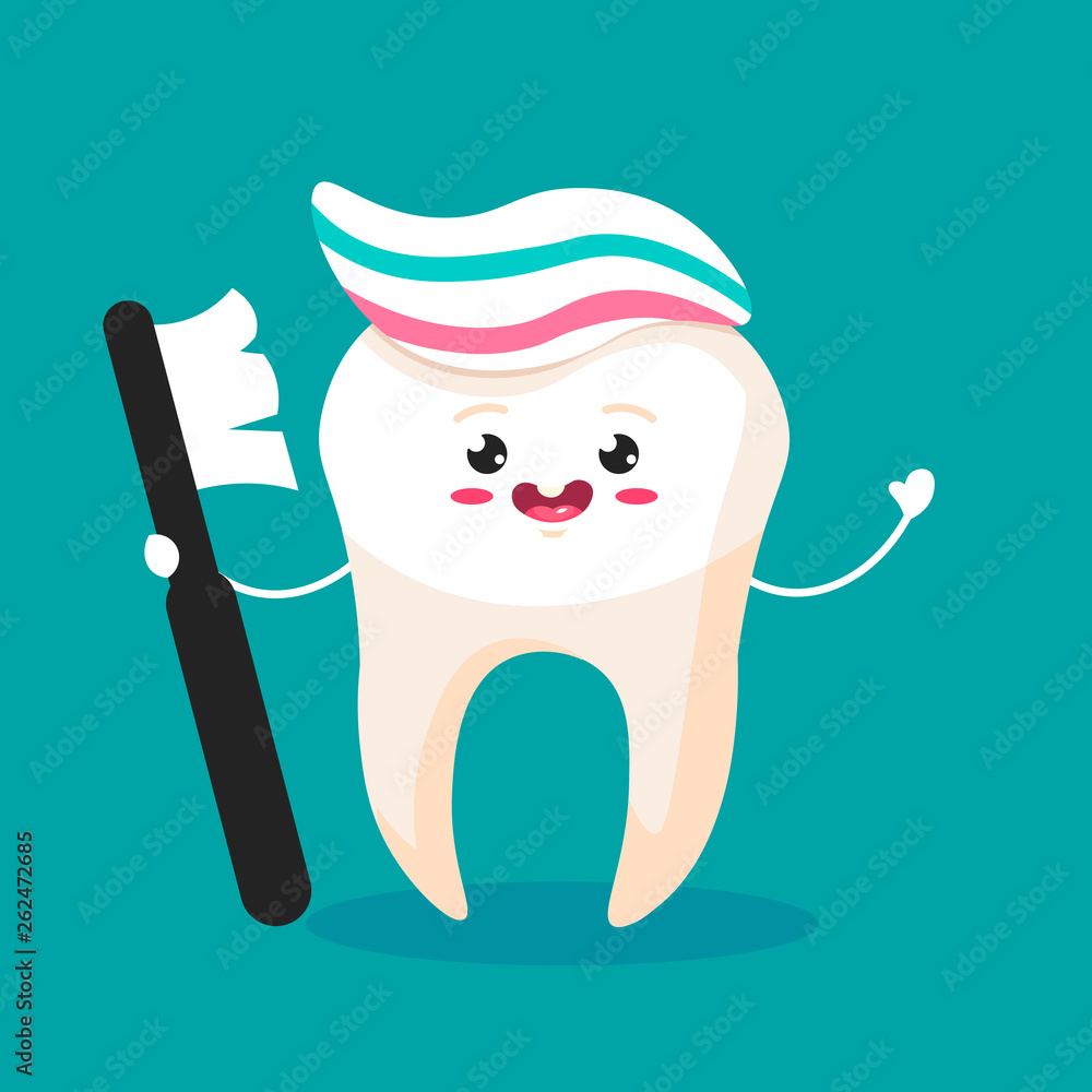 Cute happy smiling tooth with toothbrush and toothpaste hairstyle ...