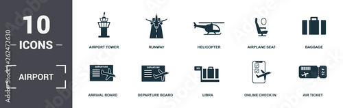 Airport set icons collection. Includes simple elements such as Airport Tower, Runway, Helicopter, Airplane Seat, Baggage, Departure Board and Libra premium icons