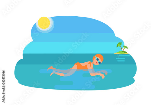 Breaststroke swimming female, woman wearing bathing suit goggles with hat. Sunshine and island seashore, exotic palm tree growing. Sportswoman vector