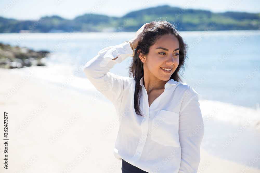 Cheerful office worker starting her vacation Cheerful office worker starting her vacation