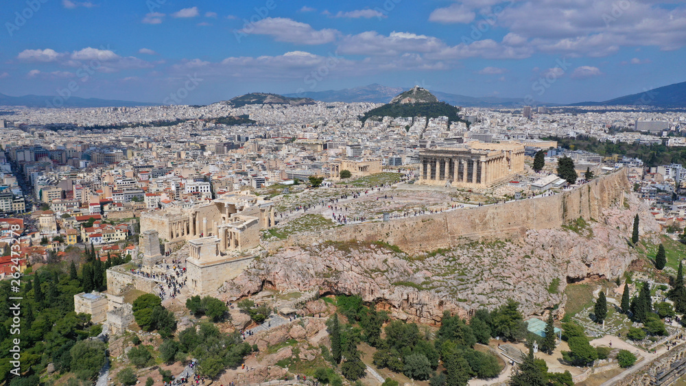 Aerial drone photo of iconic propylaia and the Parthenon in Acropolis hill, masterpiece of ancient world, Athens historic centre, Attica, Greece