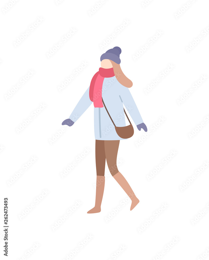 Lady walking wearing warm clothes carrying bag vector. Handbag on woman shoulder, wintertime clothing, glamorous person with hat and mittens gloves