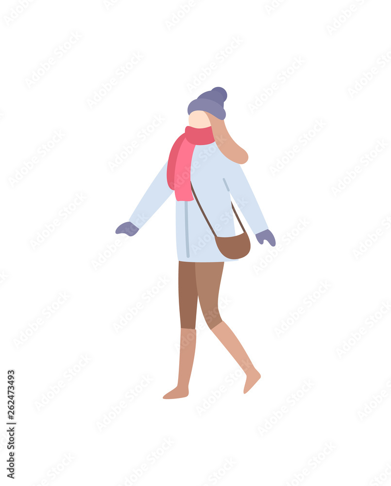 Lady walking wearing warm clothes carrying bag vector. Handbag on woman shoulder, wintertime clothing, glamorous person with hat and mittens gloves Lady walking wearing warm clothes carrying bag vector. Handbag on woman shoulder, wintertime clothing, glamorous person with hat and mittens gloves