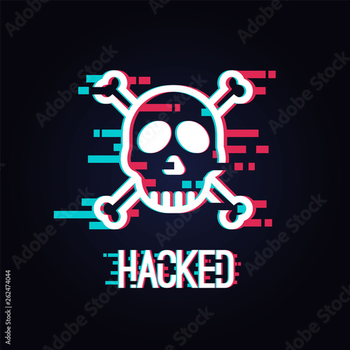 Glitch skull text on dark background. Creative vector illustration glitch style,