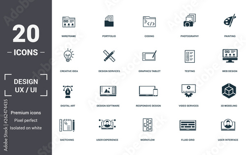 Design Ui And Ux set icons collection. Includes simple elements such as Wireframe, Portfolio, Coding, Photography, Painting, Design Software and Responsive Design premium icons