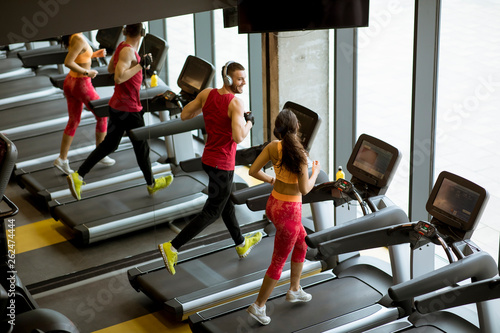 Couple run on treadmills in...