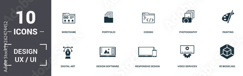 Design Ui And Ux set icons collection. Includes simple elements such as Wireframe, Portfolio, Coding, Photography, Painting, Design Software and Responsive Design premium icons