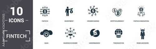 Fintech set icons collection. Includes simple elements such as Fintech, Investment, Crowdfunding, Cryptocurrency, Fintech Innovation, Sharing Economy and Underbanked premium icons