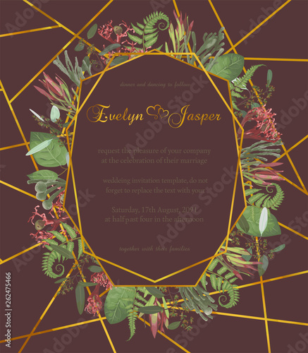 Plants, leaves, branches, brunia, blooming eucalyptus, leucadendron, gaultheria, salal, jatropha vector design gold frame.Wedding, watercolor seasonal flower card.Geometric composition.Editable