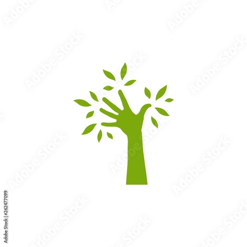 Green silhouette of hand with leaves. ecology symbol with hand tree. Save nature logo isolated on white.