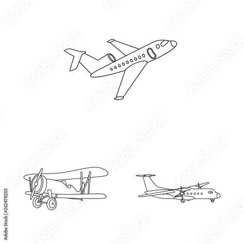 Vector illustration of plane and transport sign. Set of plane and sky stock symbol for web.