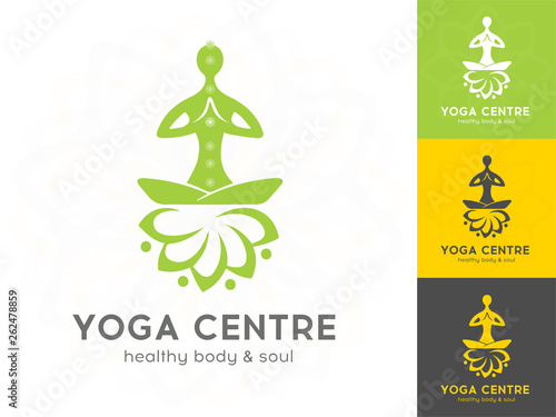 Vector yoga logo, icons - graphic design elements in flat style for spa or yoga center, studio. Healthy Body and Soul. 