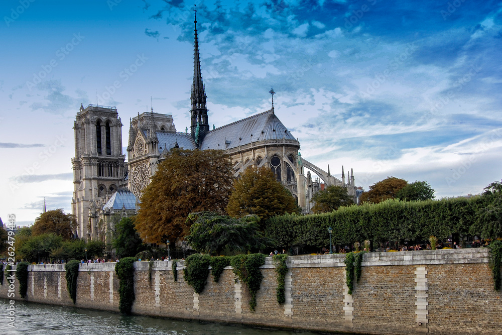 View of the back of the cathedral of Notre Dame de Paris from the Seine river in Paris. France