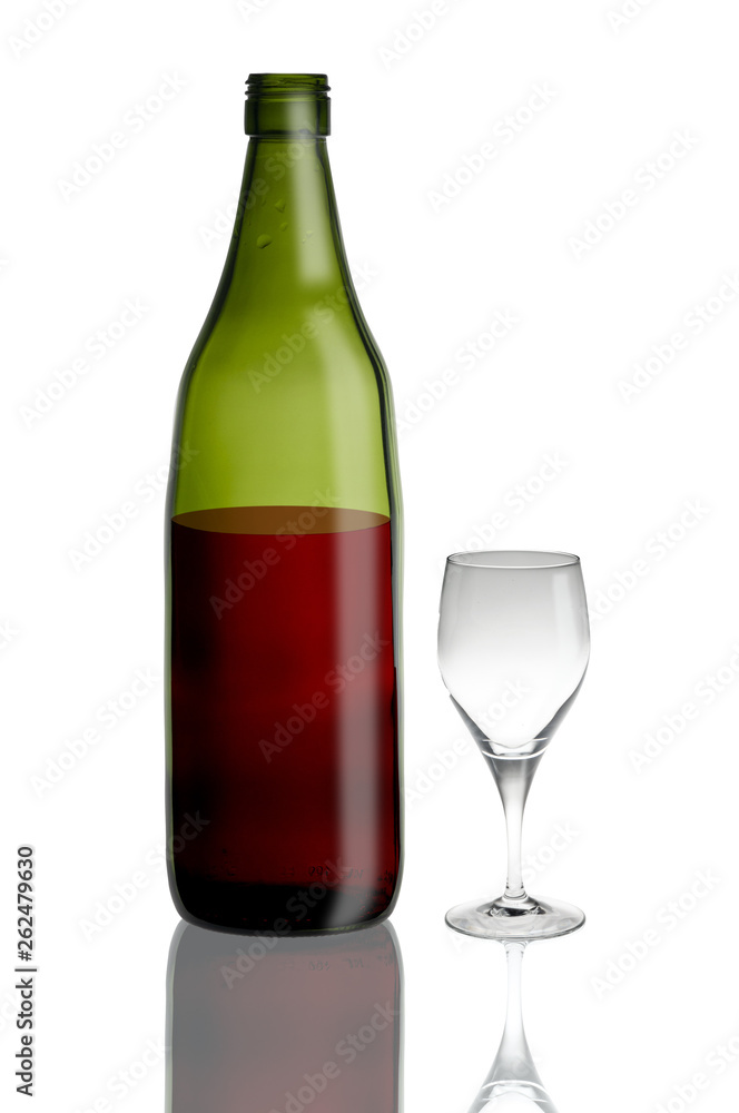 illustration with wine bottle and glass cup isolated on white background. (The bottle and glass are real, but the wine is painted) illustration with wine bottle and glass cup isolated on white background. (The bottle and glass are real, but the wine is painted)