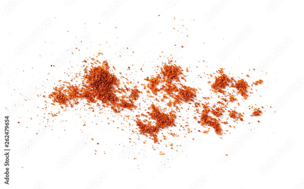 Ground red paprika powder pile isolated on white background, top view Ground red paprika powder pile isolated on white background, top view
