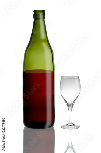 illustration with wine bottle and glass cup isolated on white background. (The bottle and glass are real, but the wine is painted) 
