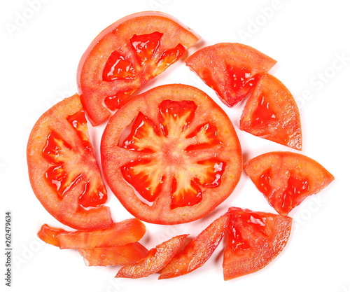 Fresh ripe  red tomato slices isolated on white background  top view