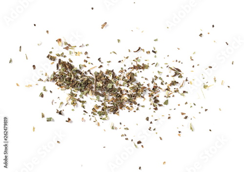 Dried oregano leaves, spice pile isolated on white background, top view
