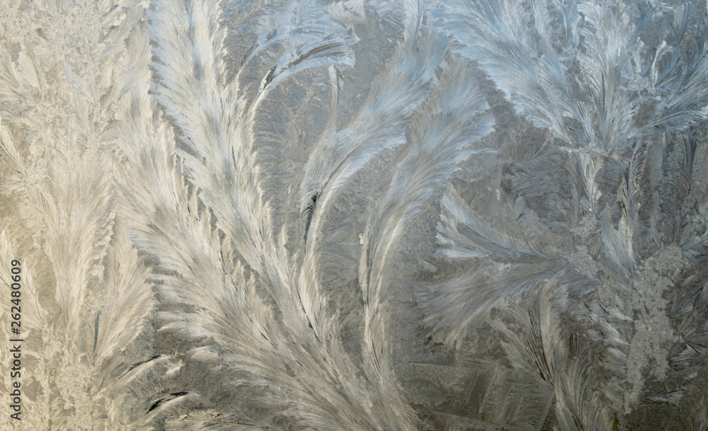 Obraz premium Frosty christmas pattern at a winter window glass. Ice pattern on window.