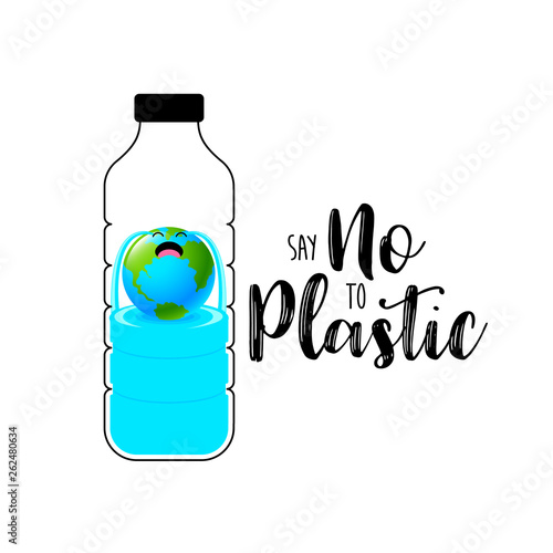 Crying globe character in plastic bottle. Say no to plastic, global warming concept. Vector illustration isolated on white background.