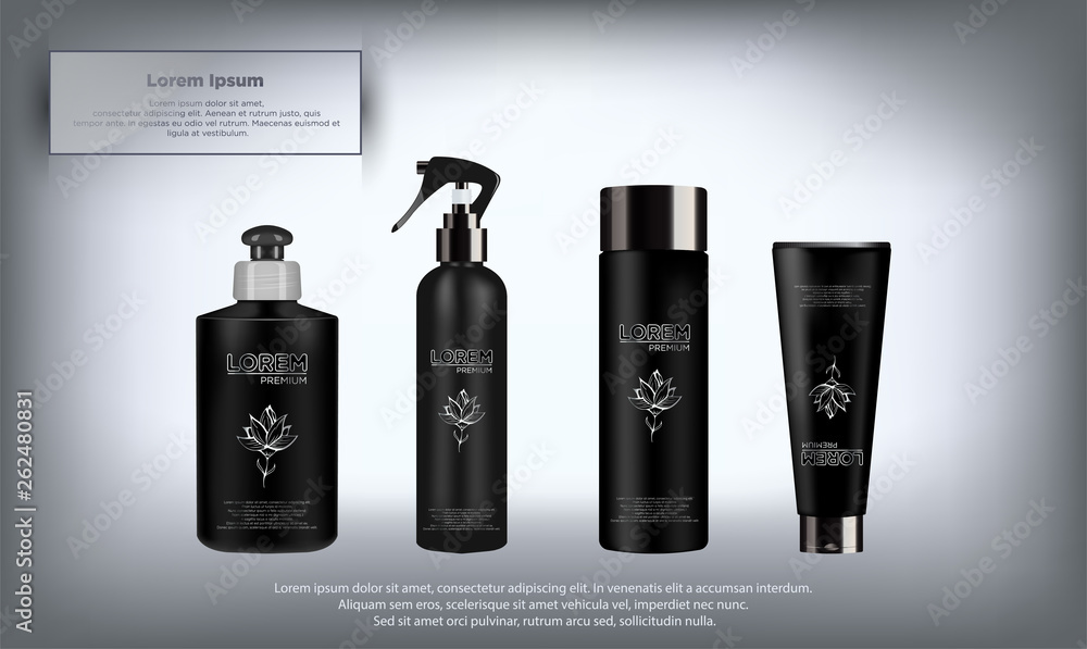 Set of realistic package cosmetic product: tube cream, bottle with pump dispenser or spray, shampoo, gel shower and liquid soap. Vector mockup of isolated on gradient background. Set of realistic package cosmetic product: tube cream, bottle with pump dispenser or spray, shampoo, gel shower and liquid soap. Vector mockup of isolated on gradient background.