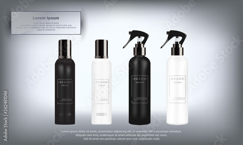 Realistic white and black cosmetic mockup.  Packages for cosmetic product.  Blank templates of containers vial with dropper, spray, pump dispenser, jar, tube. isolated on gradient background.