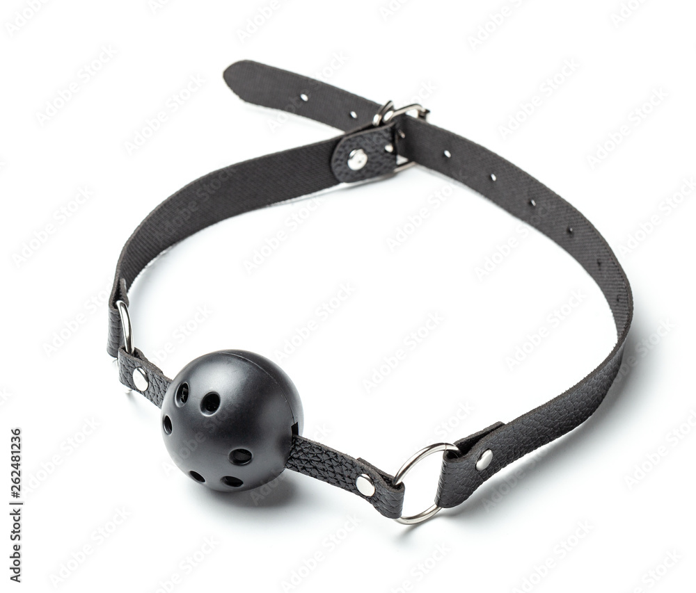 Obraz premium Ball gag in mouth isolated on white background. Intimate toys. Sex abuse slavery