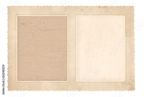 Old photo frame for two photos. Vintage paper. Retro card. Isolated on white