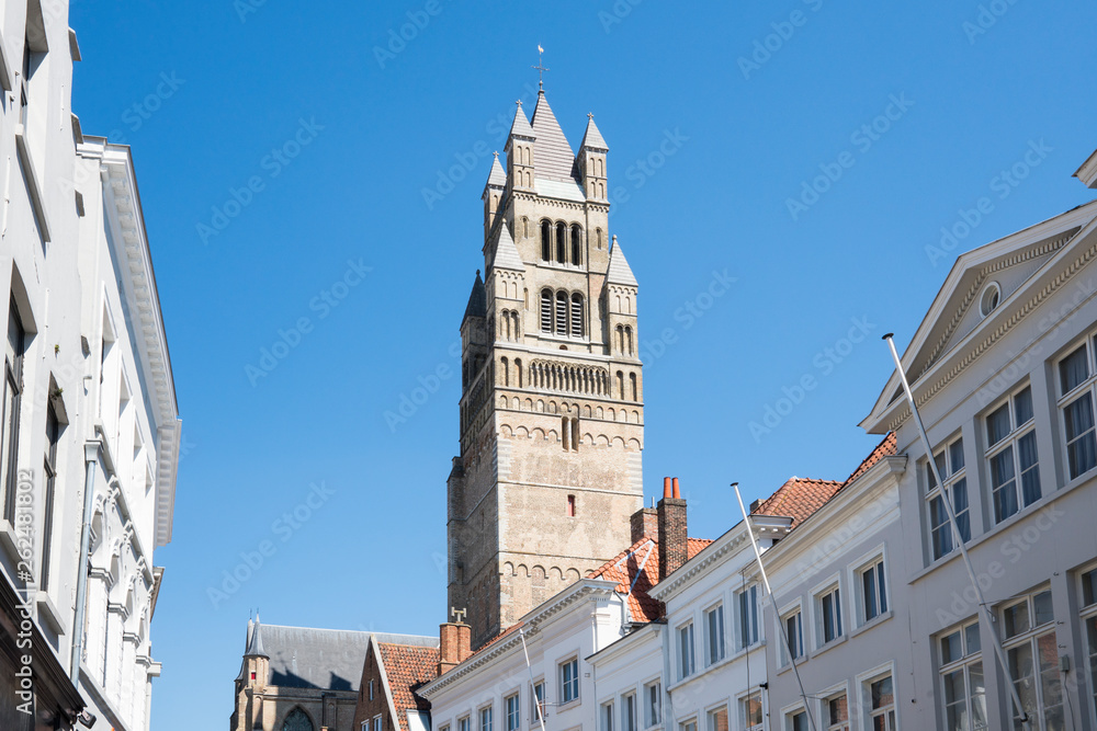 tower of cathedral  Sint Salvator in historical town Bruges, Brugge, Belgium