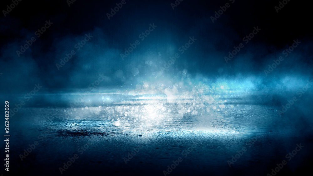 Dark street and wet asphalt. Night view of the city, reflection of the glare in the water, neon blue light. Dark street background. Dark street and wet asphalt. Night view of the city, reflection of the glare in the water, neon blue light. Dark street background.