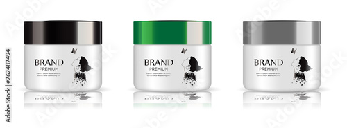 Round white set, plastic jar with black and green lid for cosmetics - body cream,  butter, bath salt, gel, powder. Realistic packaging mockup template.  Vector illustration.