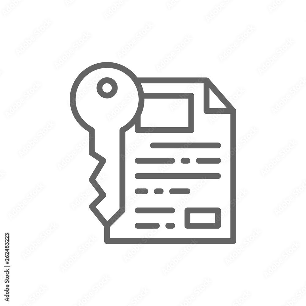Document with key, certificate, safe paper line icon. Document with key, certificate, safe paper line icon.