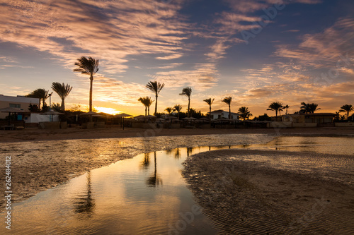 Beautiful romantic sunset over a sandy beach and palm trees. Egypt. Hurghada