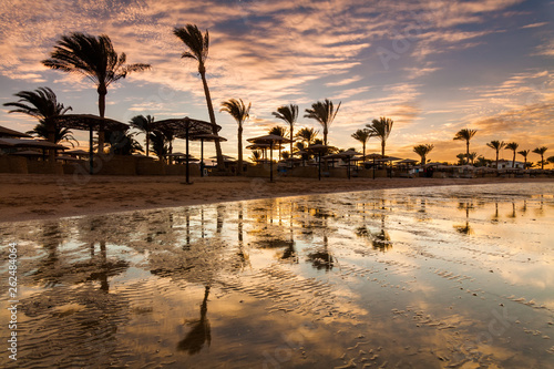 Beautiful romantic sunset over a sandy beach and palm trees. Egypt. Hurghada