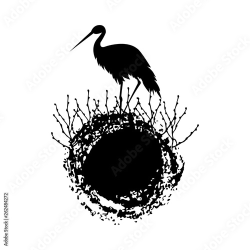 Silhouette of a bird stork on the Planet Earth with growing shoots isolated on the white background. Vector illustration.