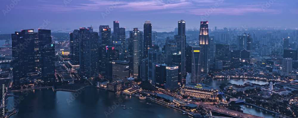 Twilight at Singapore Downtown CBD Marina Bay Skyscrapers - Awakening of Night - obrazy, fototapety, plakaty 