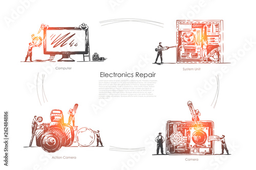 Technical equipment workshop, tiny people fixing computer, system unit and action camera banner template